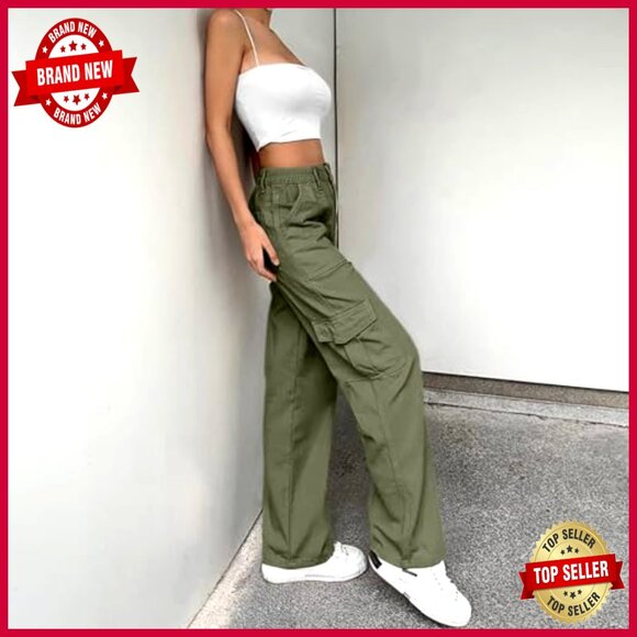 High Waisted Cargo Pants with 6 Pockets, Stretchy Wide Leg Casual Streetwear - Picture 6 of 7